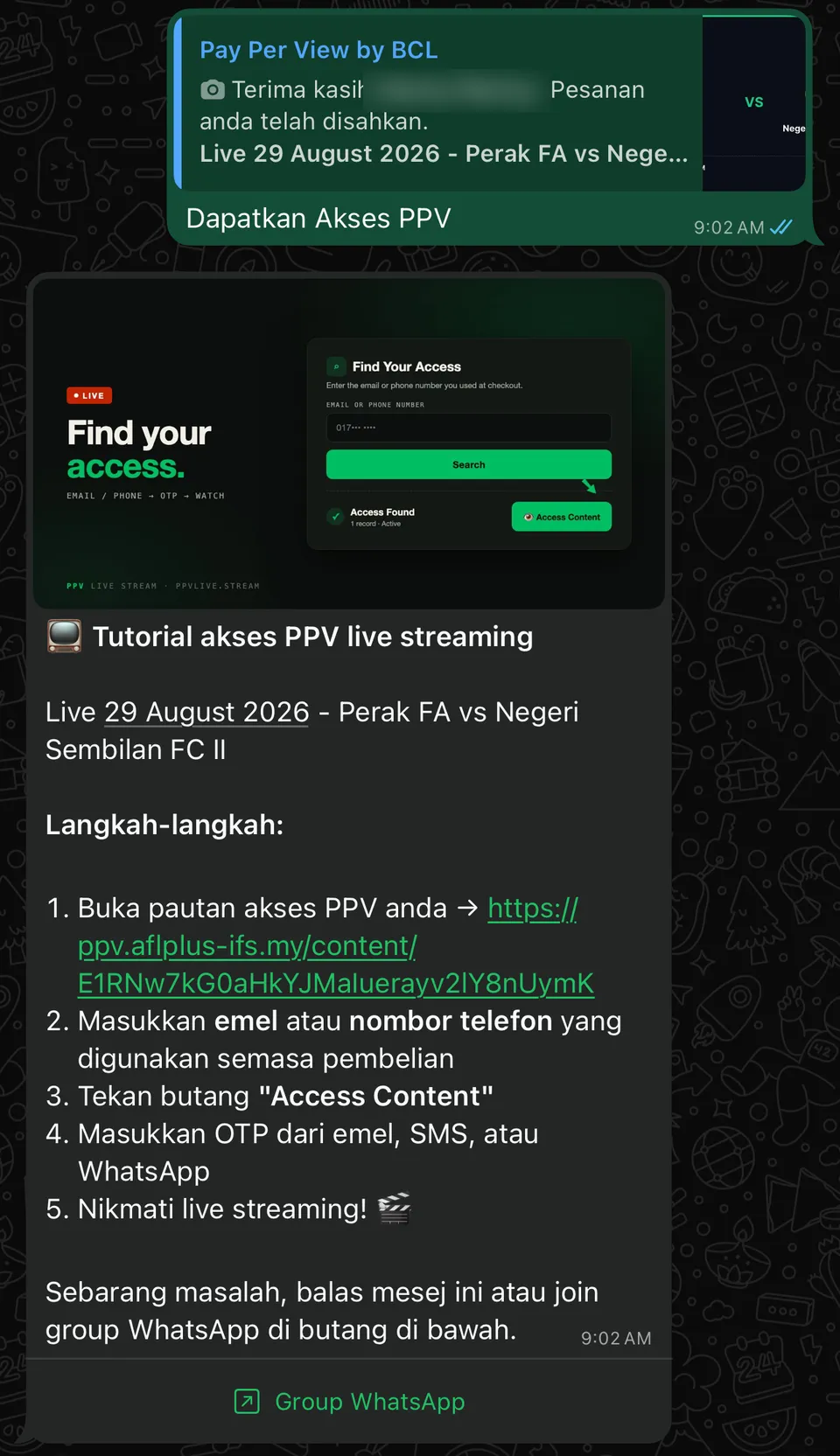 WhatsApp tutorial message with the five access steps and your personal access link